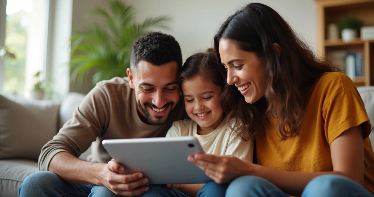Família brasileira estudando inglês no tablet com criança 