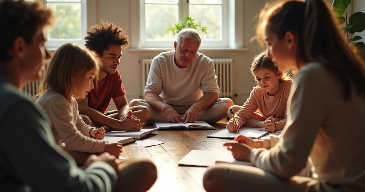 Família sentada em roda aprendendo e dialogando 