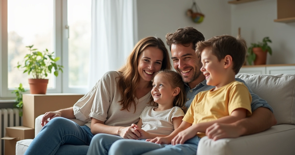 Família sorridente em apartamento novo abraçada no sofá