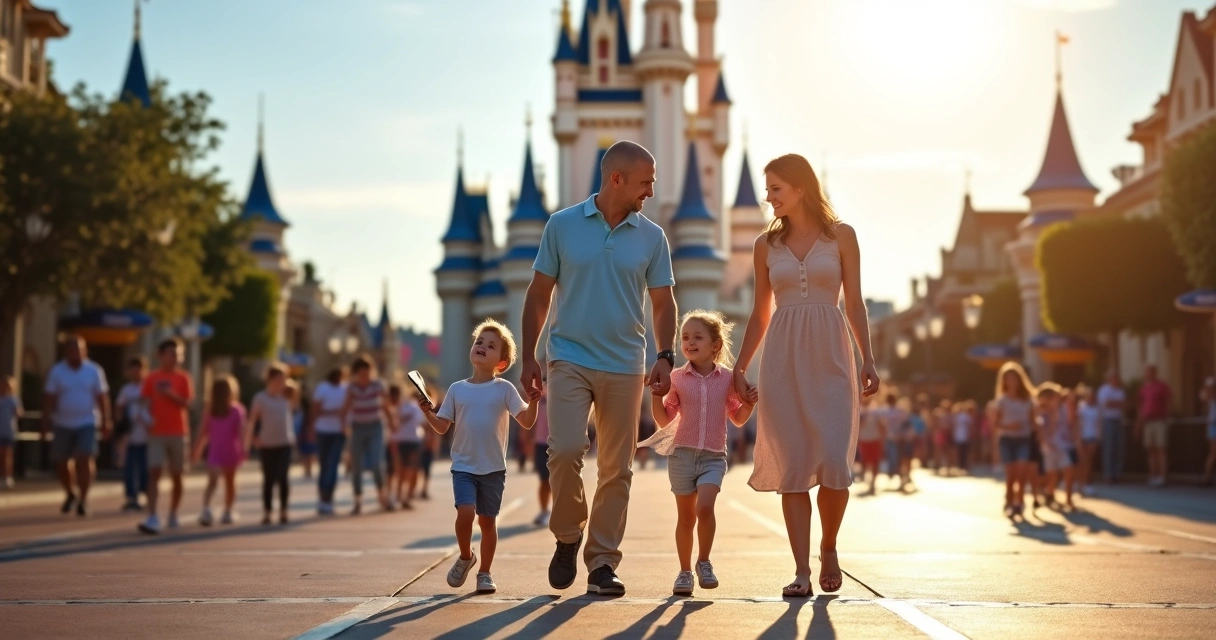 Família se divertindo no parque Disney com filas baixas