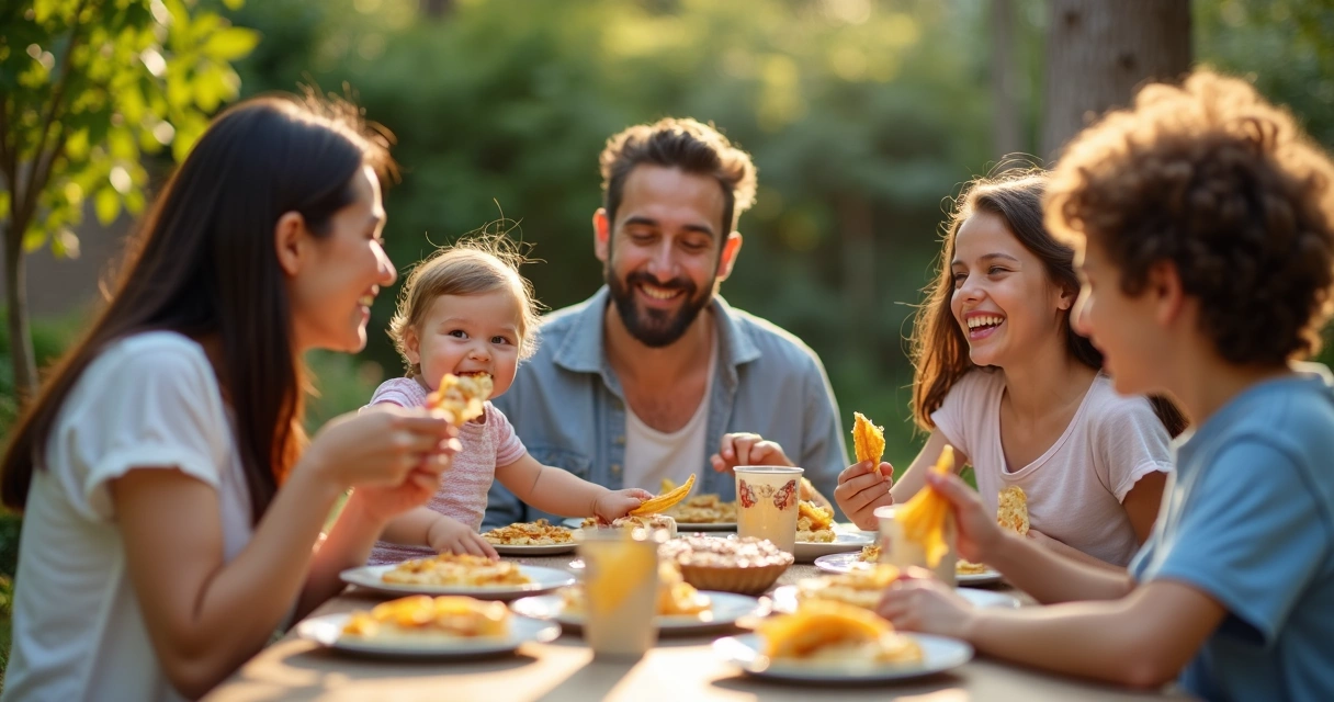 Família sorrindo e compartilhando crepes em evento informal, todos à mesa ao ar livre 