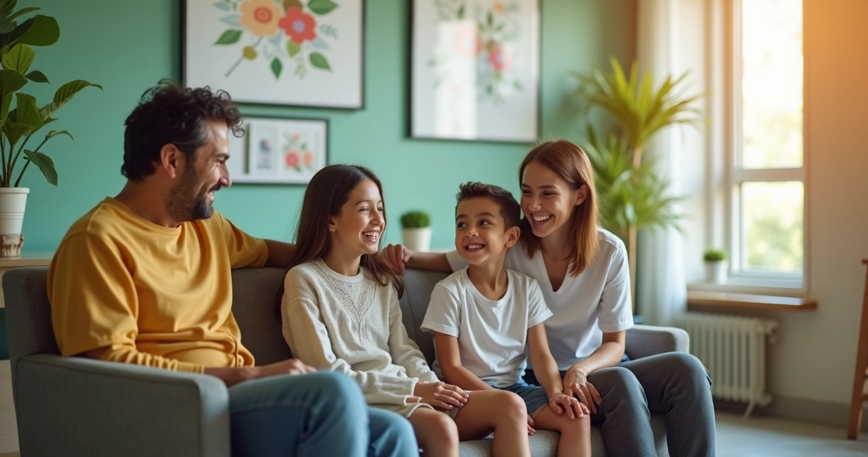 Família sentada em sala de espera de clínica, sorrindo e conversando 