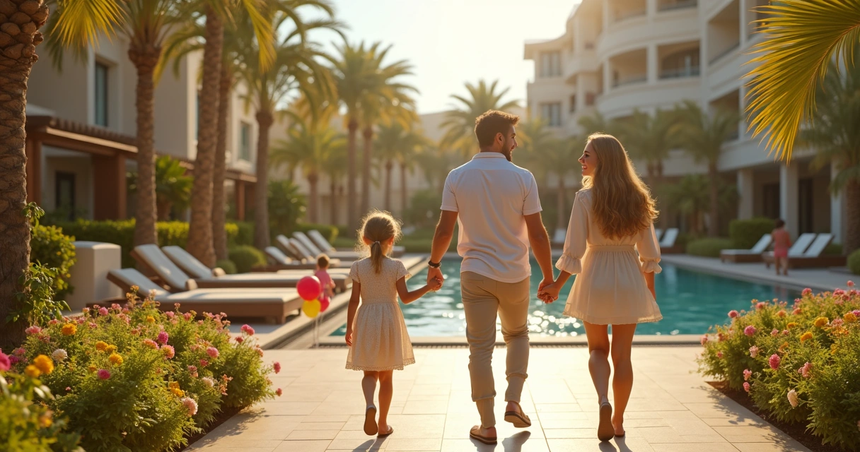 Família feliz caminhando em resort luxuoso com crianças brincando e natureza ao redor 