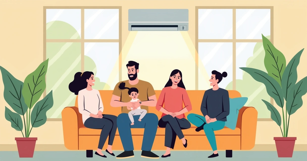 Família relaxando em sala de estar com ar-condicionado e ambiente limpo 