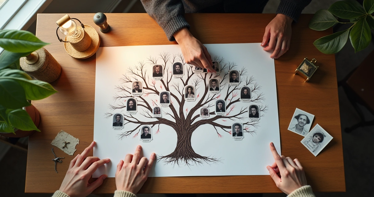 Árbol genealógico familiar dibujado en un papel con fotos pegadas y líneas conectando a los miembros de la familia. 