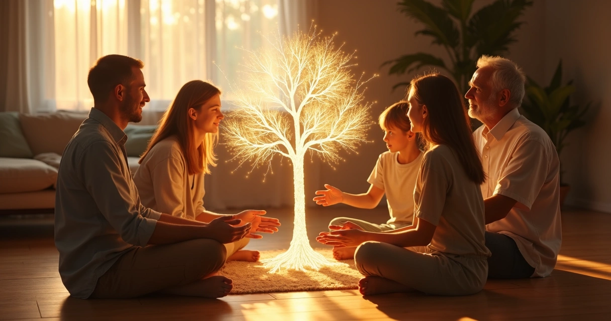 Familia reunida junto a un árbol de luz que simboliza sus vínculos invisibles 