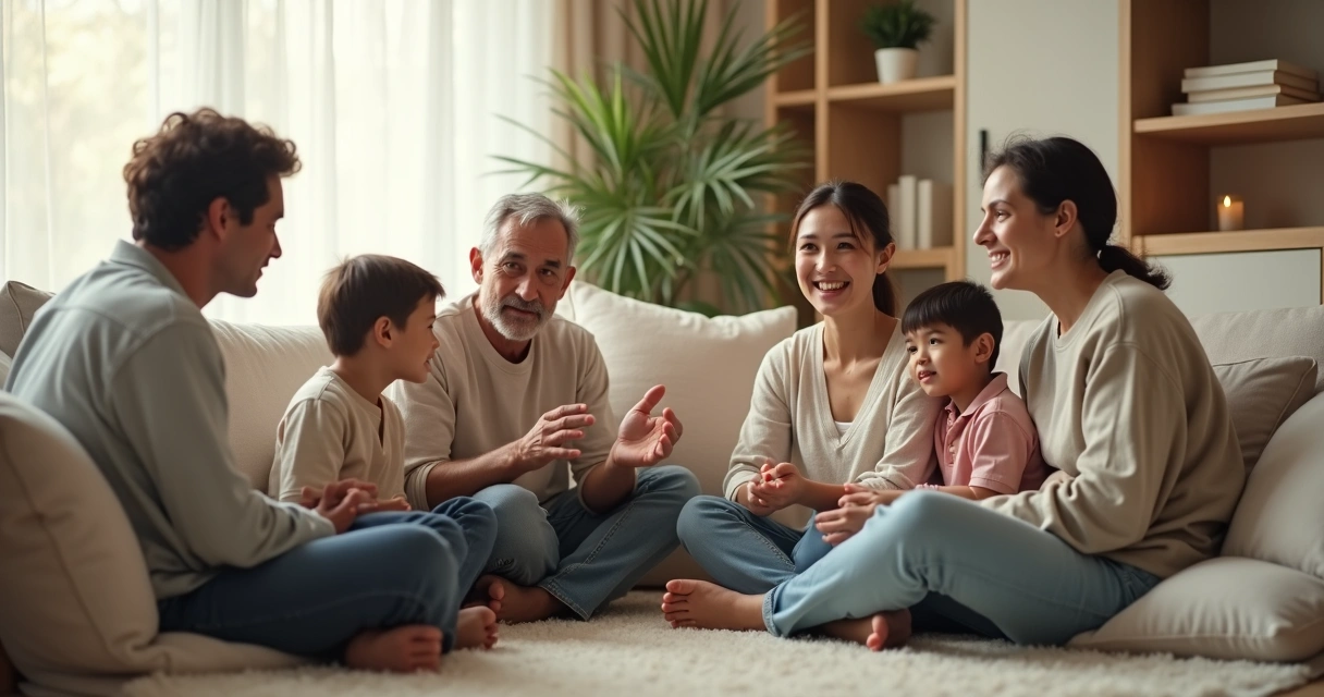Familia sentada en círculo en la sala conversando de forma tranquila 