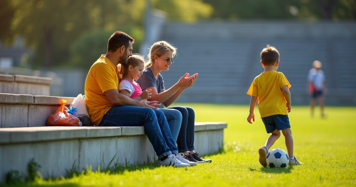 Família sentada em arquibancada durante jogo de futebol de base 