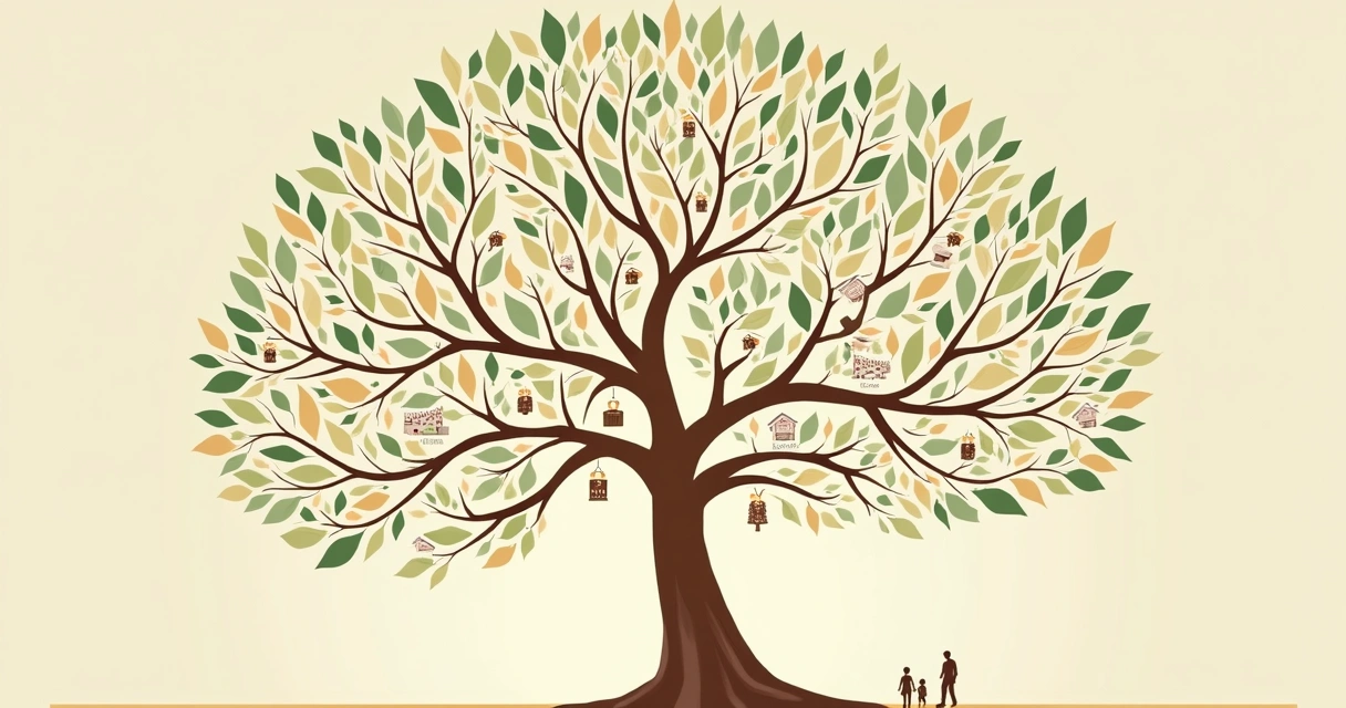 Diagrama de árvore genealógica simplificada com datas e eventos destacados