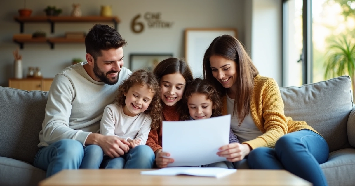 Familia sentada en un sofá revisando documentos de seguro de vida. 