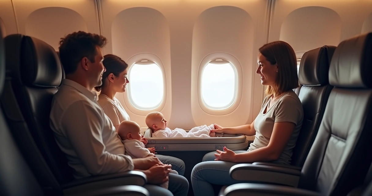 Família acomodada em assentos bulkhead, cuidando de um bebê durante o voo 
