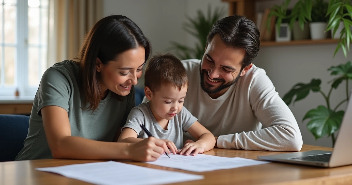 Família reunida assinando contrato de saúde 