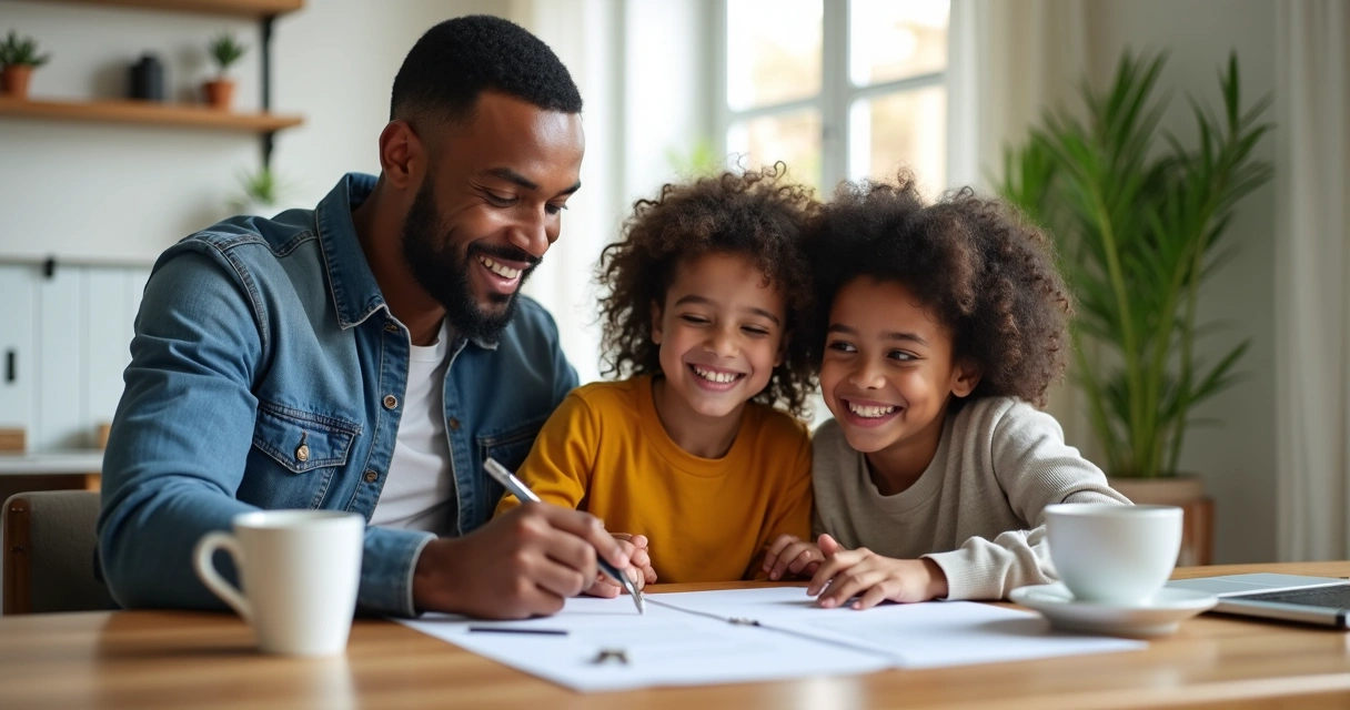 Família sorrindo ao assinar contrato de compra de imóvel ao lado de corretor 