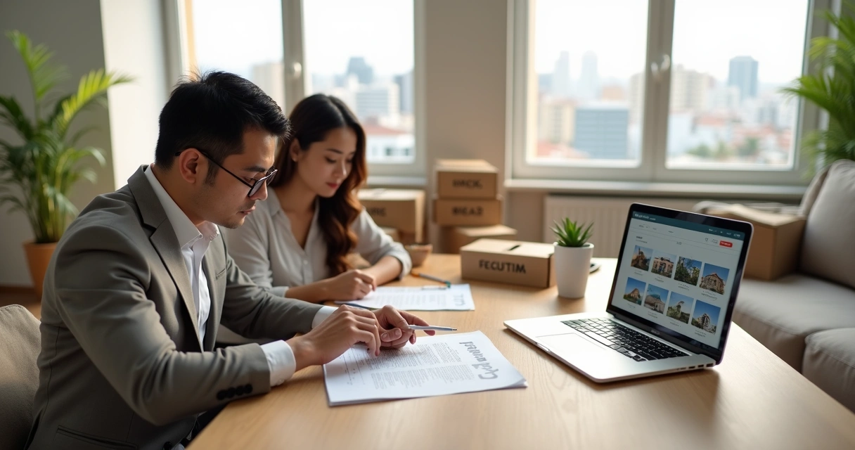 Corretor mostrando contrato de imóvel para casal em sala com caixas de mudança 