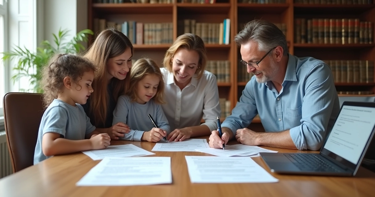 Família reunida assinando documentos de inventário extrajudicial em mesa de escritório 