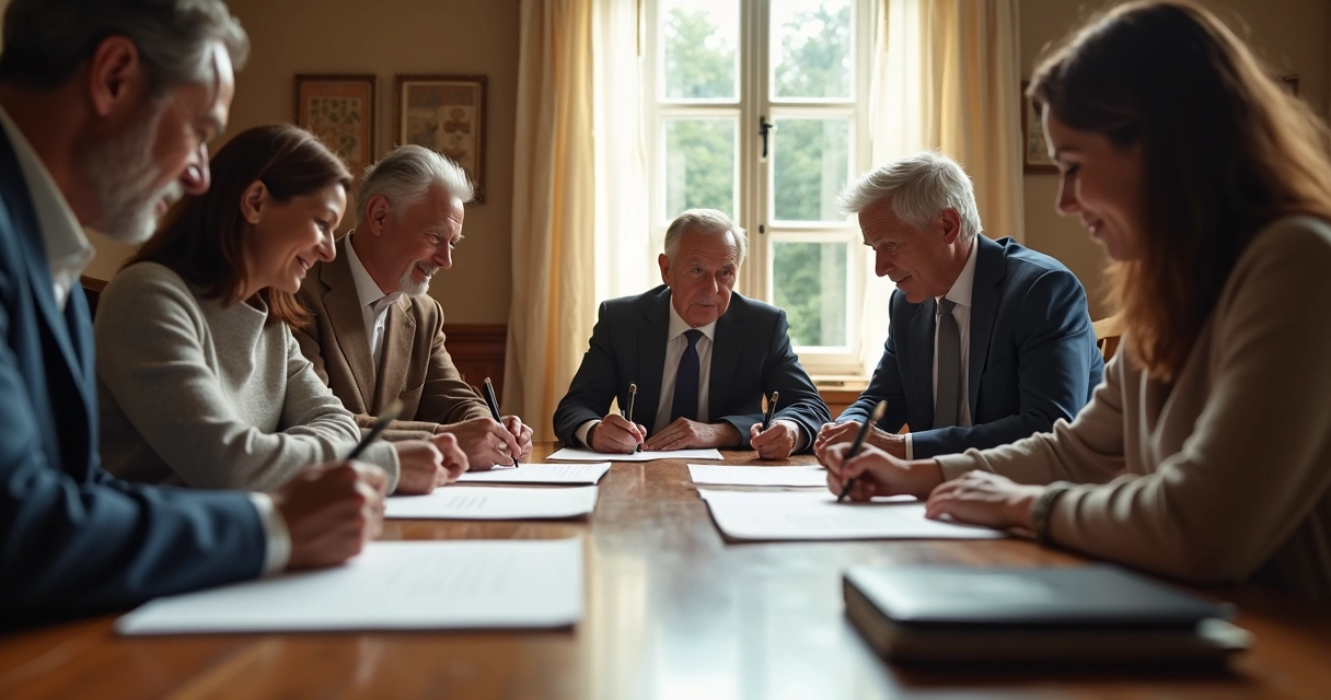 Família reunida assinando documentos em uma mesa 