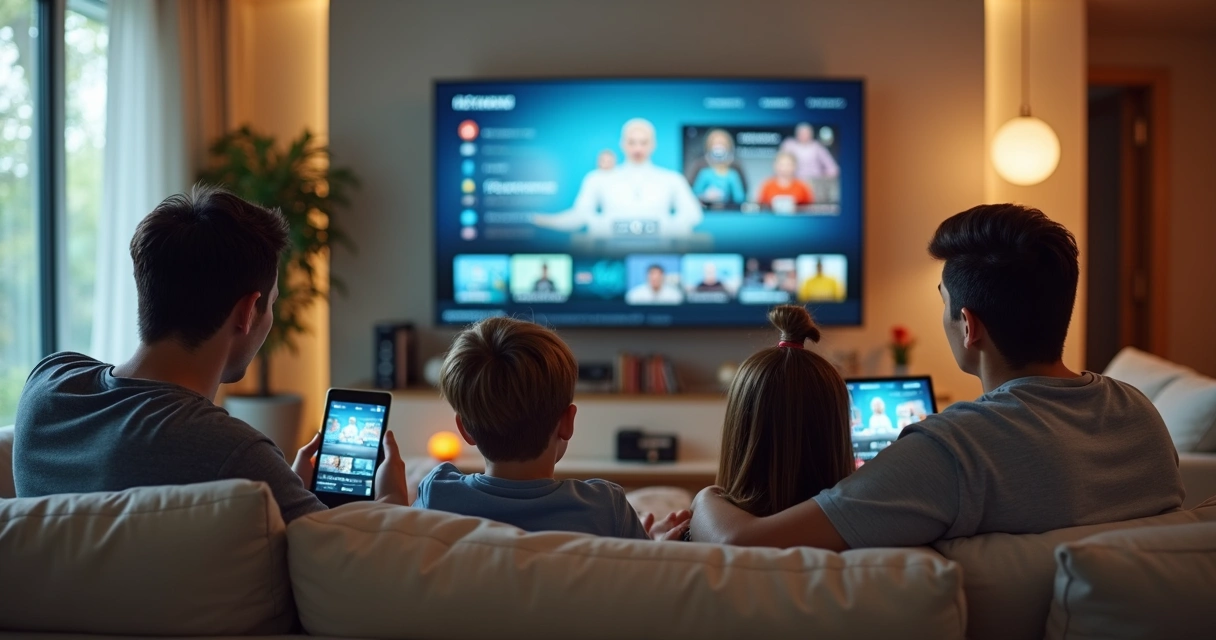 Família assistindo conteúdos em telas diferentes na sala 