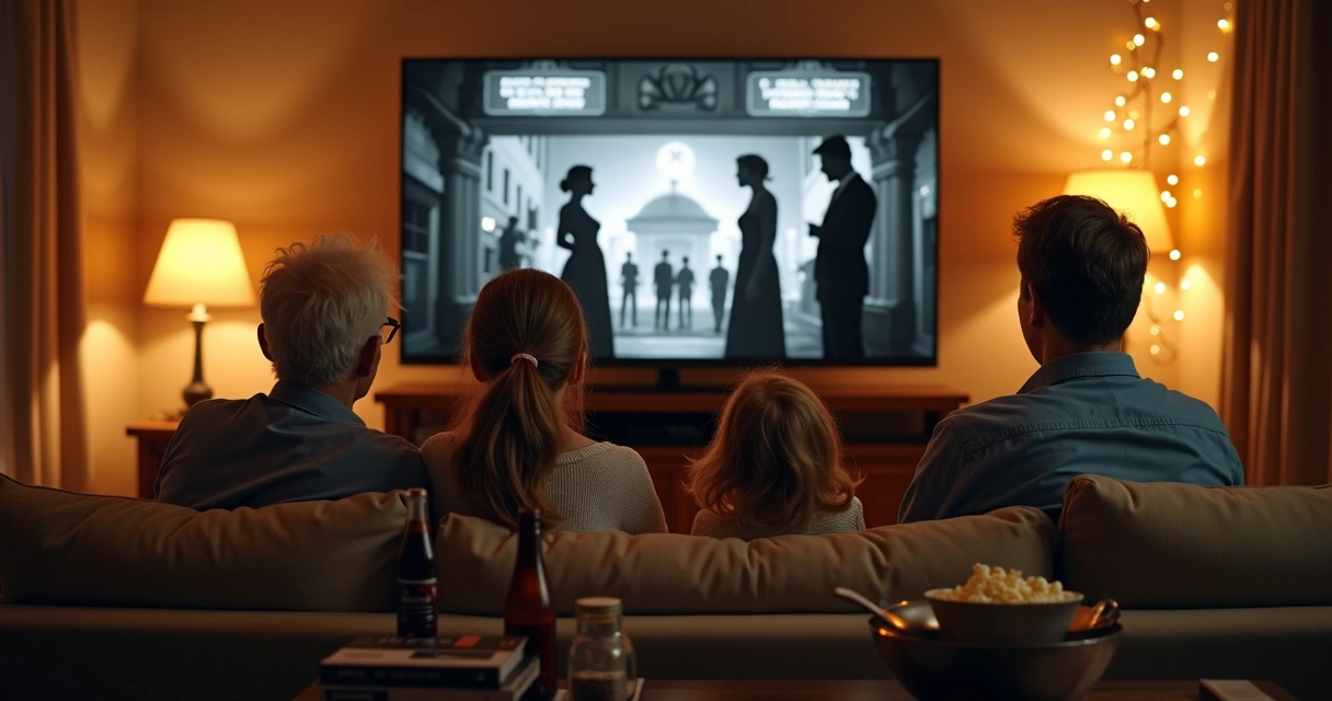 Família em sala aconchegante assistindo filme clássico em TV grande 
