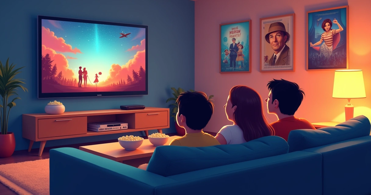 Família reunida assistindo a filmes clássicos na sala de estar 