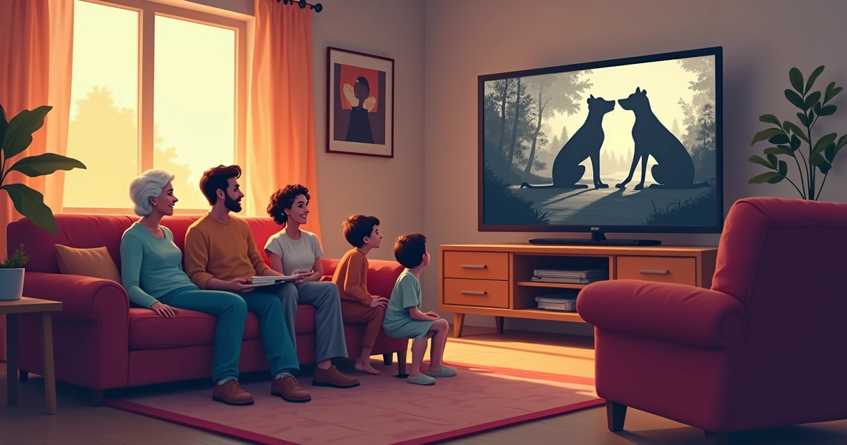 Família reunida no sofá assistindo filme antigo na televisão