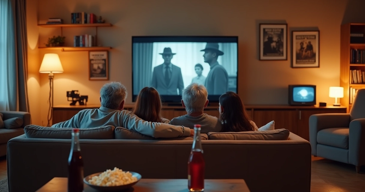 Família de três gerações assistindo filmes clássicos na sala de estar 