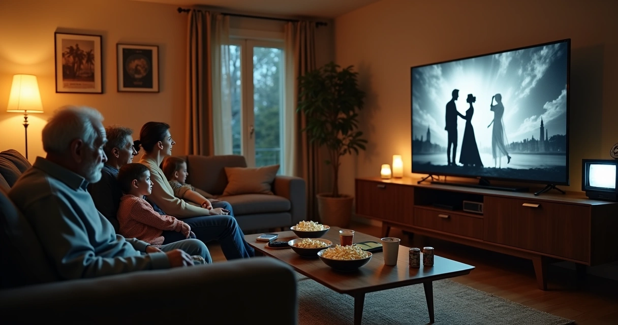 Família de três gerações assistindo juntos a filmes clássicos na sala de estar 