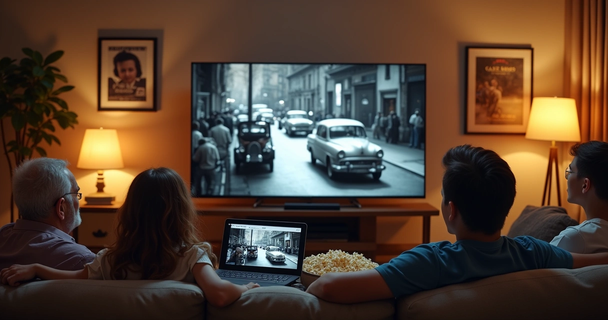 Família de gerações diferentes assistindo filmes clássicos em várias telas 