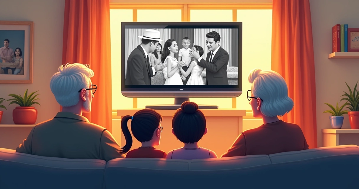 Família reunida no sofá assistindo filme clássico repleto de anúncios antigos na TV 