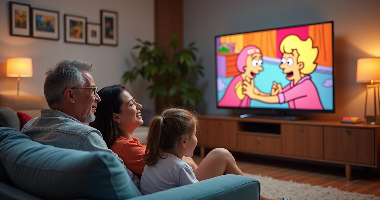 Família de três gerações assistindo animação clássica no sofá 