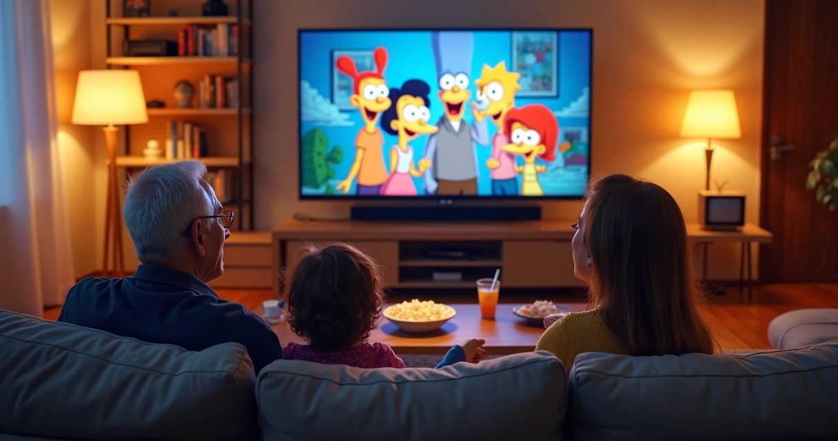 Família de três gerações assistindo desenhos clássicos na TV em sala aconchegante 
