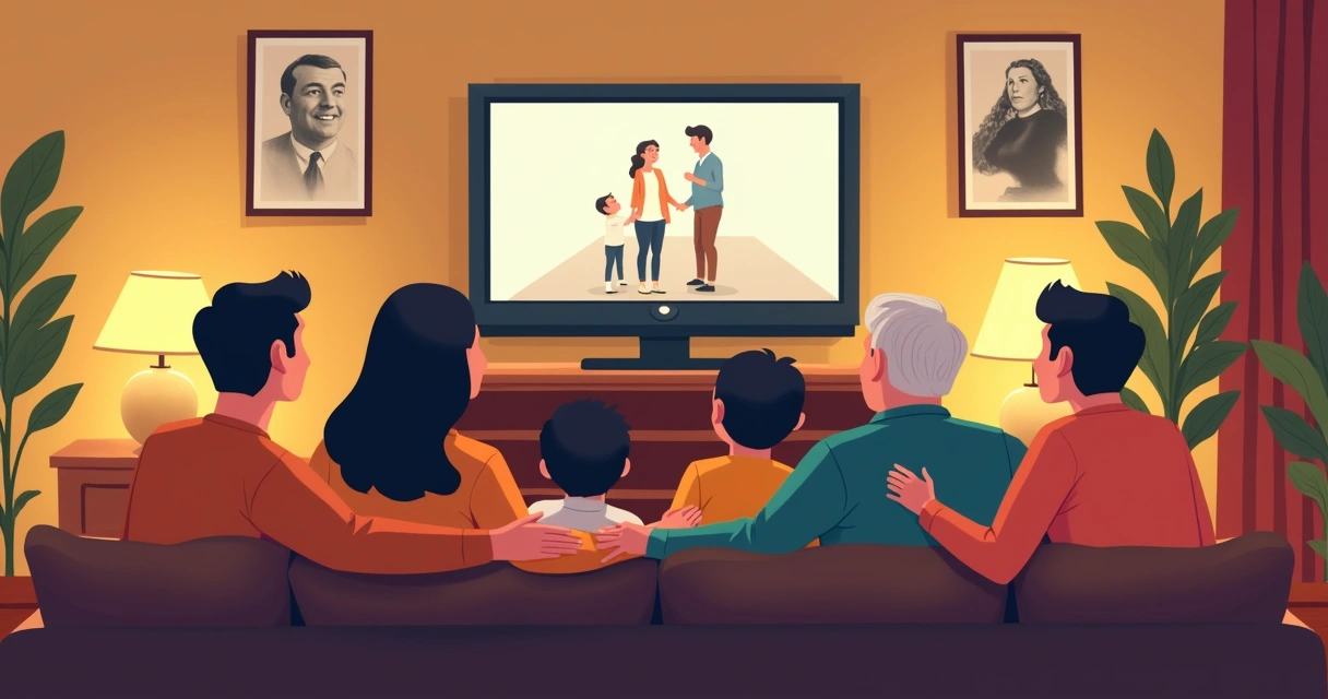 Família reunida no sofá assistindo documentário na TV 
