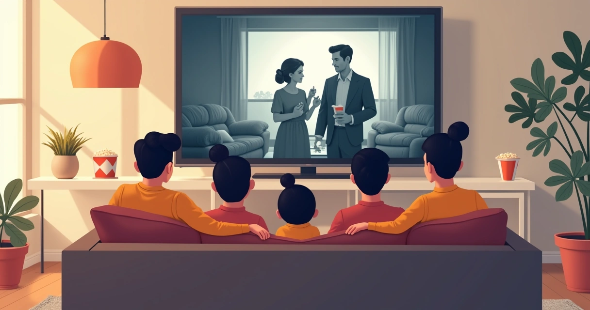 Família reunida no sofá assistindo filme clássico na TV 