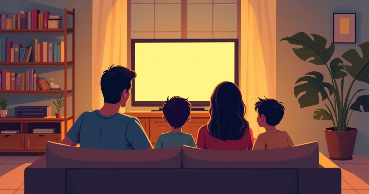 Família reunida assistindo filme antigo digitalizado na TV 