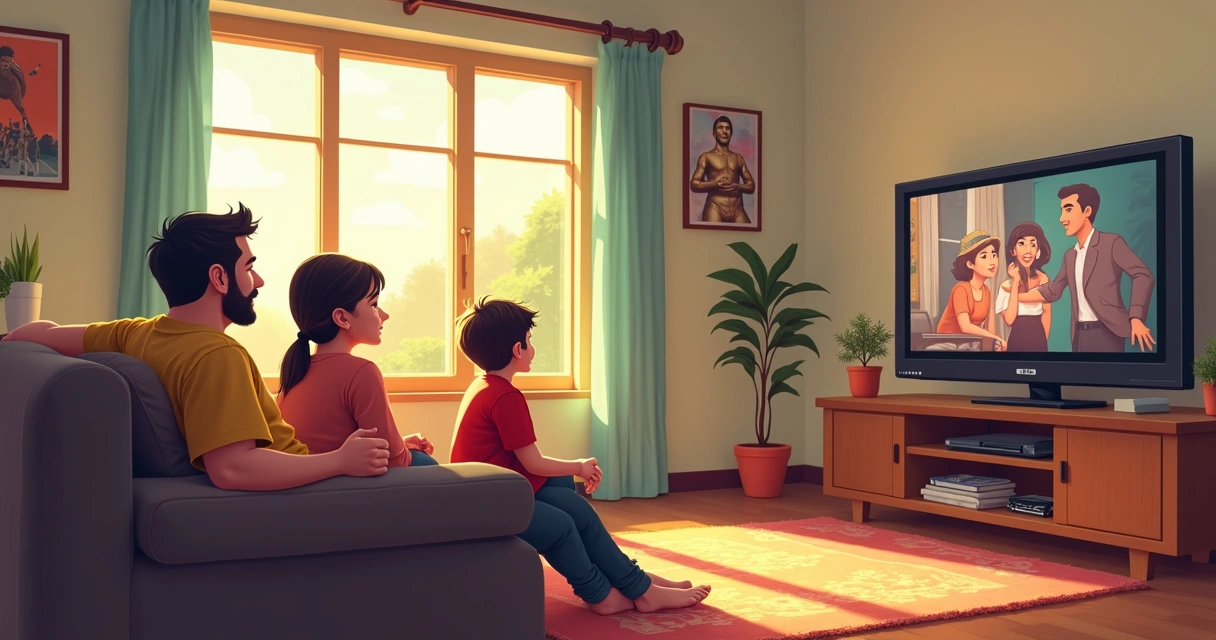 Família brasileira assistindo filme clássico juntos na sala 