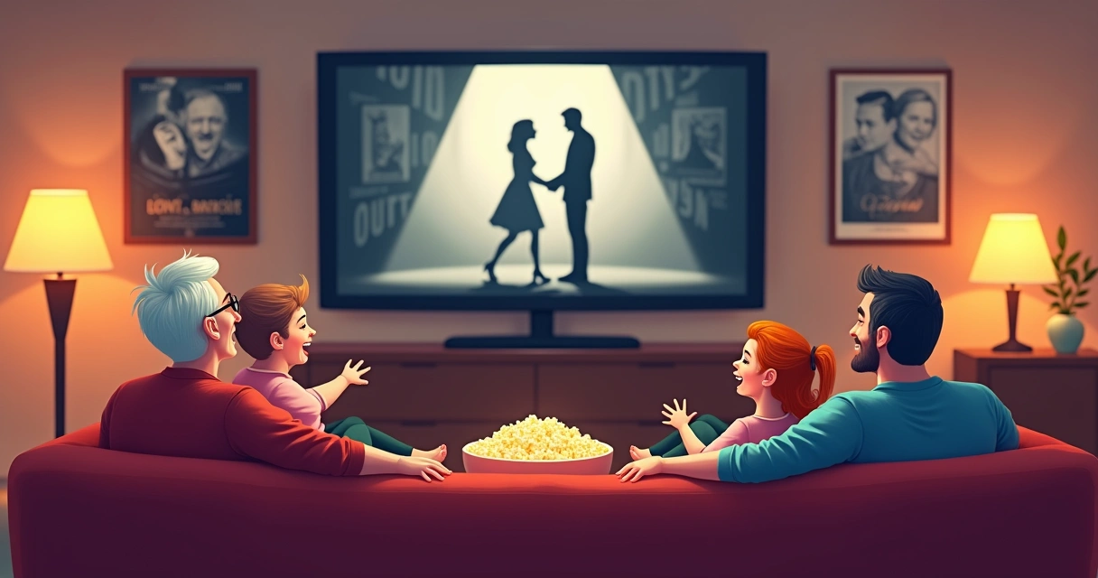 Família de diferentes gerações reunida no sofá, assistindo a um filme clássico na TV