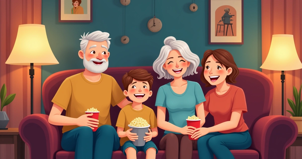 Família reunida assistindo um filme clássico em casa 