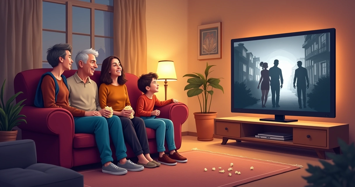 Família reunida assistindo a filme clássico na sala