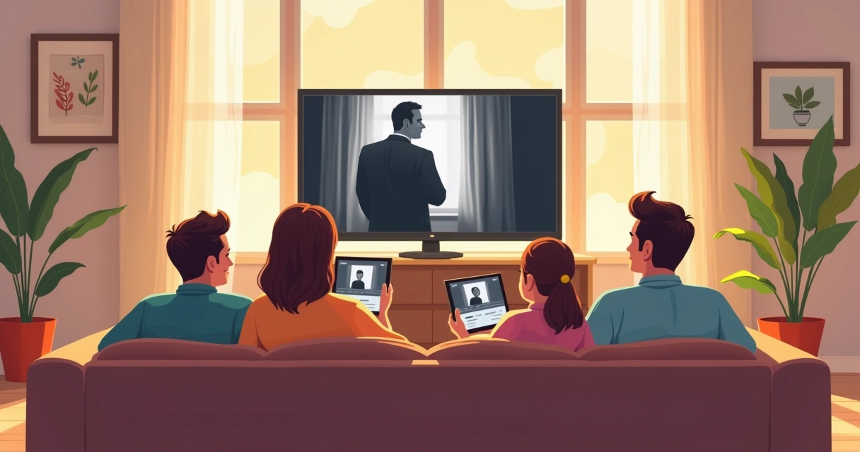 Família reunida assistindo filme clássico em diferentes dispositivos