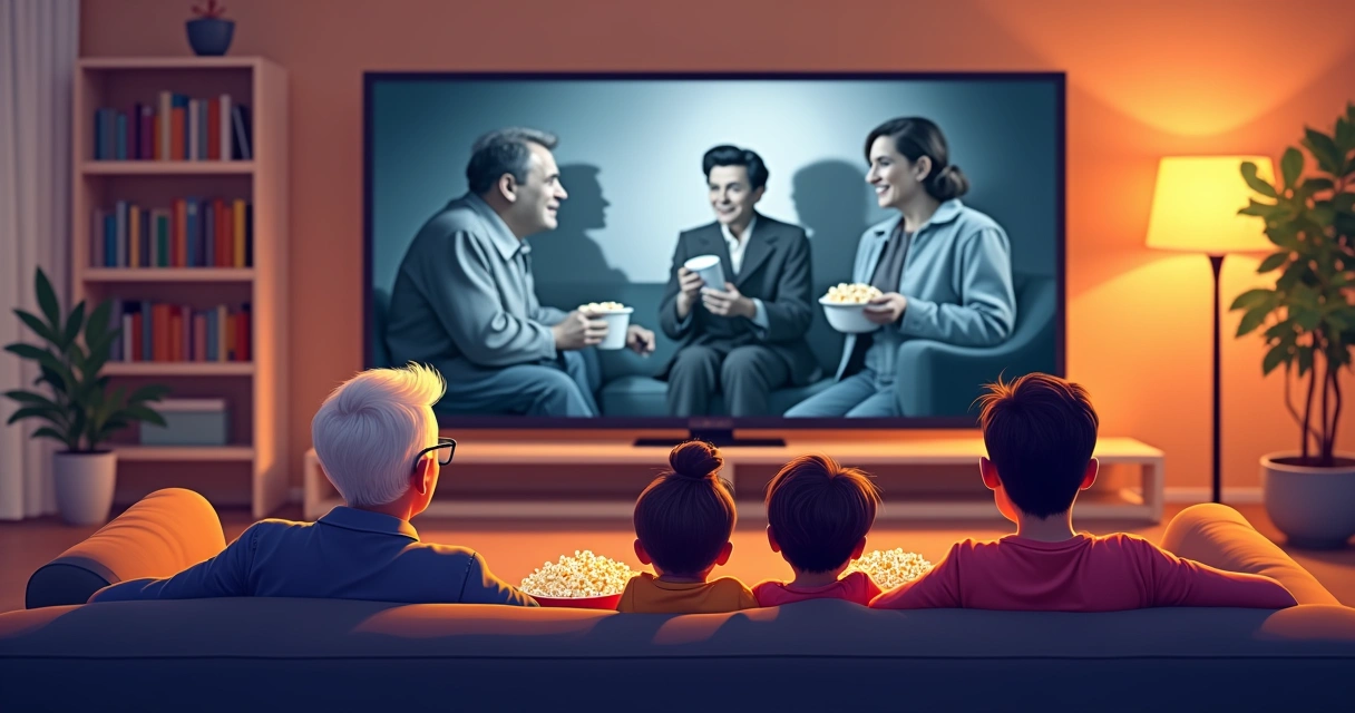 Família reunida no sofá assistindo um filme clássico na TV, todos atentos