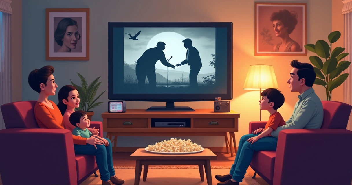 Família reunida assistindo filme clássico em casa 