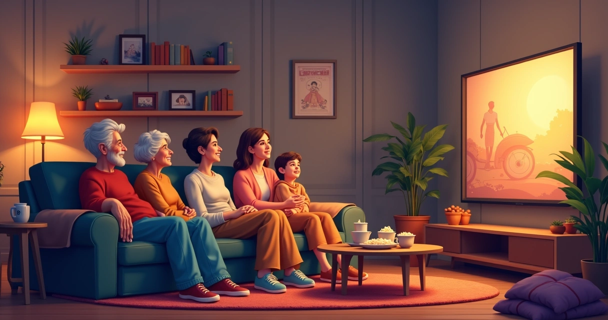 Família reunida assistindo filme antigo em casa 