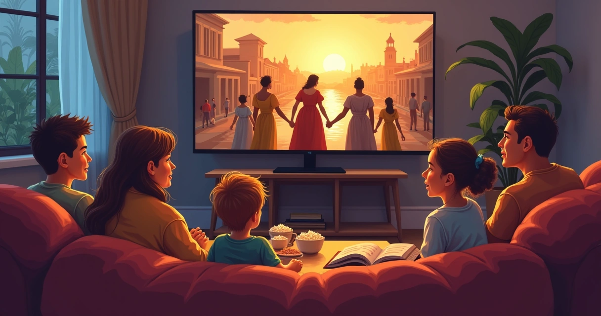 Família sentada no sofá assistindo filme clássico brasileiro na sala