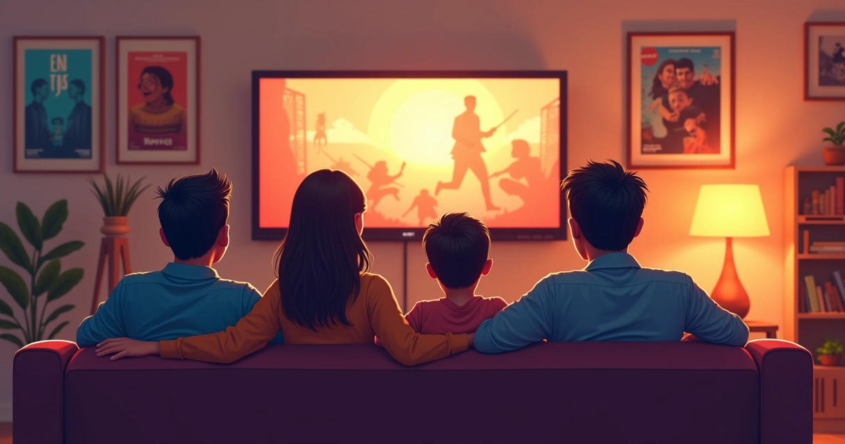 Família assistindo filme cult reunida no sofá 