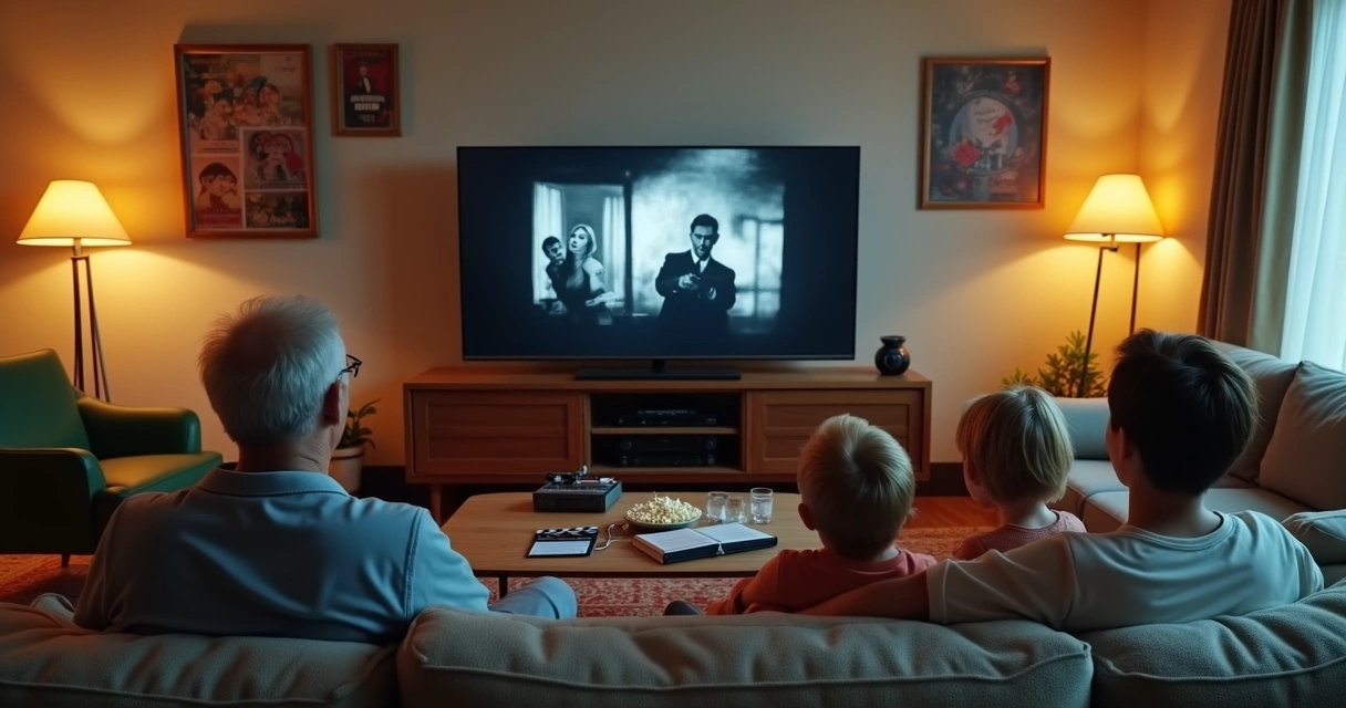 Família em sofá assistindo a filmes antigos em televisão com pôsteres clássicos ao fundo 