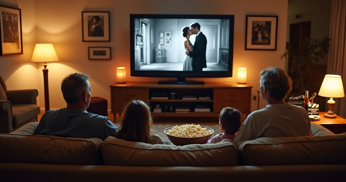 Família em sala aconchegante assistindo filmes clássicos em uma TV moderna 