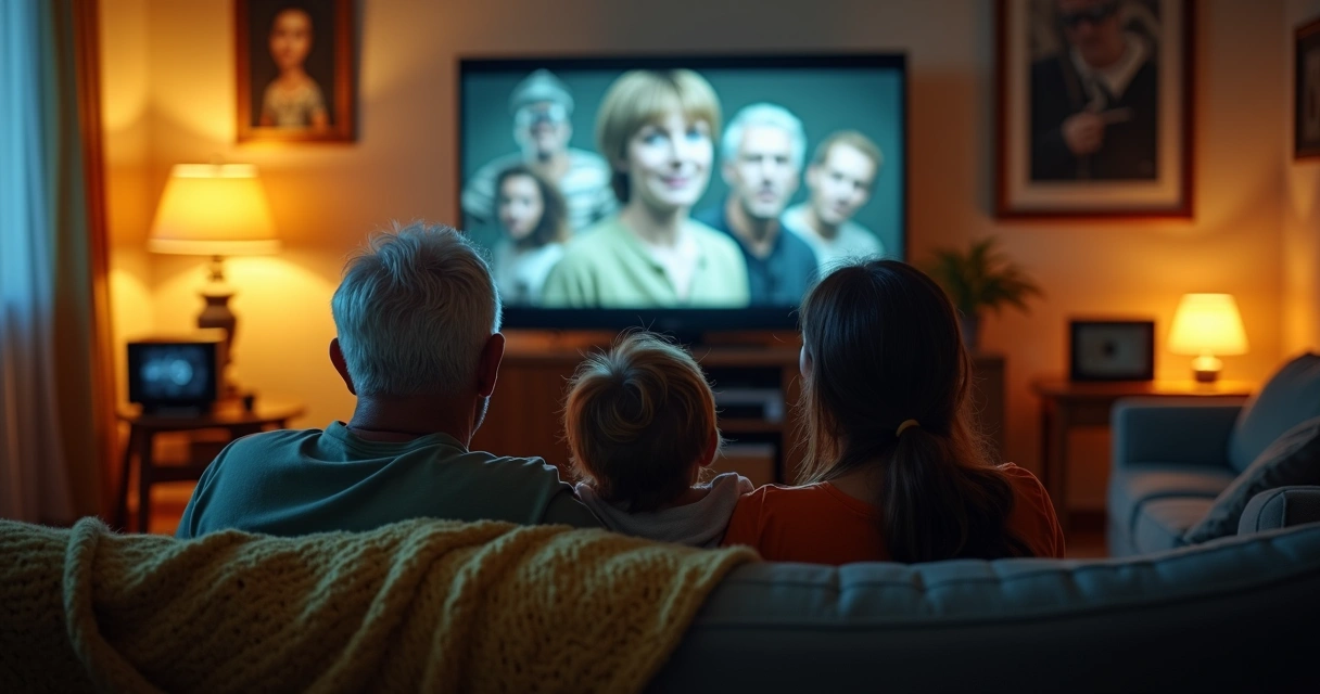 Família em sala aconchegante assistindo filmes clássicos na TV 