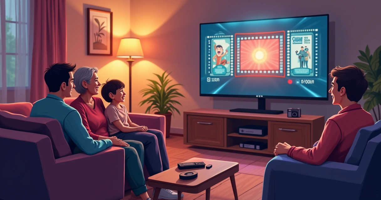Família de três gerações assistindo filmes clássicos em streaming na sala