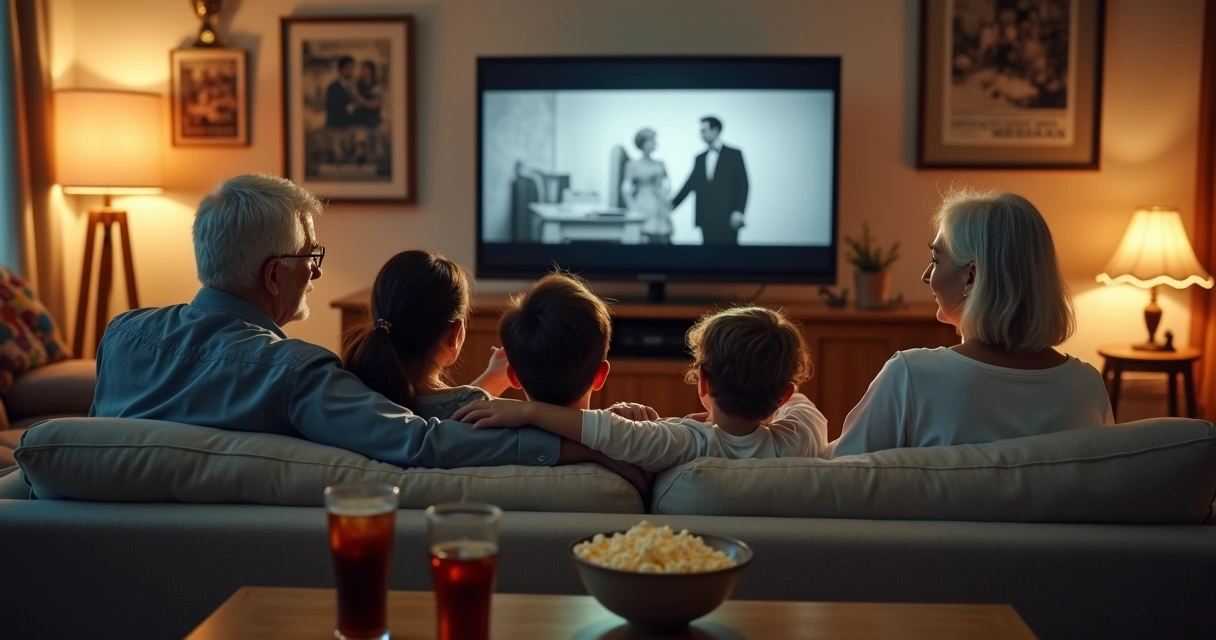 Família de várias gerações assistindo filme clássico juntos na sala 