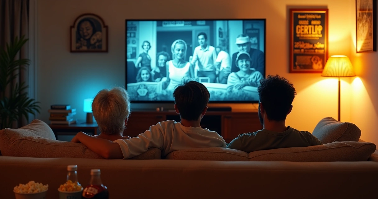 Família no sofá assistindo a filmes retrô em uma TV com pôsteres clássicos ao fundo 