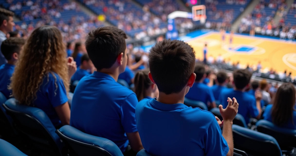Família sorrindo assistindo jogo da NBA no Kia Center 